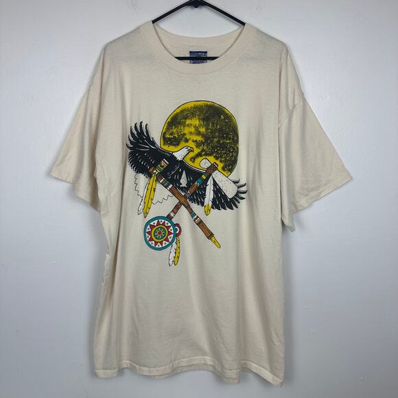 Vintage Umbro Mens Eagle Tomahawk Moon Single Stitch Crewneck Beige T-Shirt XL - Picture 1 of 11